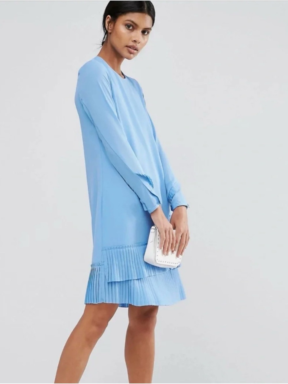 🩵 Warehouse light blue Pleated Hem Long Sleeve Dress